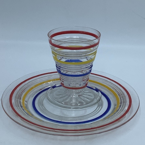 Set of Three Vintage Striped Glass Cordials and Snack Plates - Picture 8 of 11